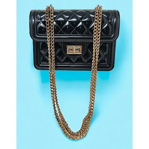 Patent Leather Black Quilted Look Small Jelly Crossbody Bag - Picture 1 of 9